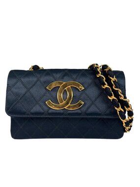 Chanel Large CC Logo Quilted Chain Shoulder Bag Satin Black